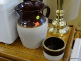 LOT OF STONEWARE; 2 PIECE LOT TO INCLUDE A BROWN AND WHITE CIRCULAR DISH, AND A SINGLE HANDLED BROWN