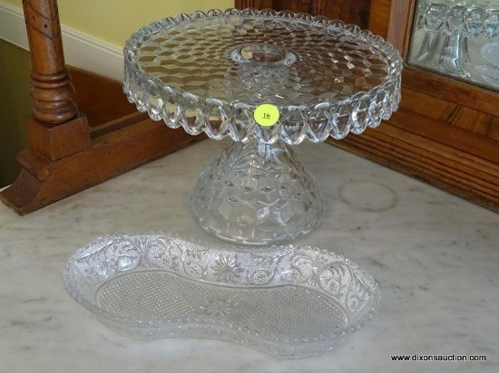 (DR) 2 PIECE GLASS LOT; INCLUDES FOSTORIA AMERICAN CUBIST PATTERNED ROUND GLASS CAKE STAND AS WELL