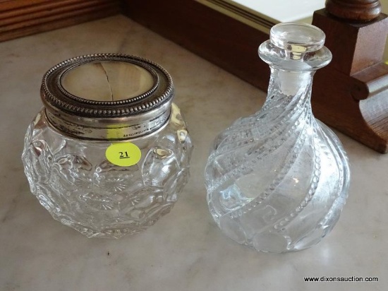 (DR) VINTAGE GLASS VANITY POWDER JAR AND SMALL DECANTER WITH STOPPER; ROUND THUMBPRINT GLASS POWDER