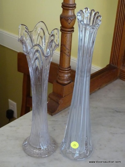 (DR) TALL STRETCHED GLASS FLOWER VASES; TOTAL OF 2 PIECES, LOCATED ON TOP OF BUFFET. BOTH ARE TALL,