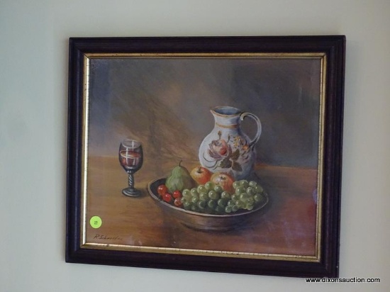 (DR) FRAMED R SCHNEIDER STILL LIFE PRINT; IMAGE OF GLASS NEXT TO PITCHER AND BOWL OF FRUITS, RICH