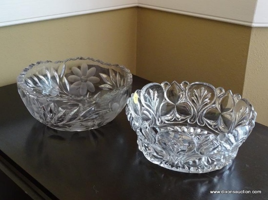 (DR) CUT GLASS BOWLS; TOTAL OF 2 PIECES INCLUDING ETCHED FLORAL PATTERNED BOWL WITH SAW TOOTH-LIKE