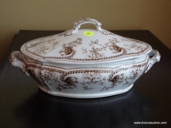 (DR) ANTIQUE T.G.&F. BOOTH ENGLAND LIDDED TUREEN; PARISIAN GRANITE, BEACON HILL PATTERN, MARKINGS ON