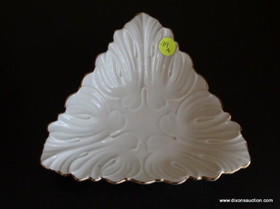 (DR) LENOX TRIANGLE LEAF CANDY DISH; CLASSIC IVORY COLORED LENOX PORCELAIN WITH PAINTED GOLD BORDER.