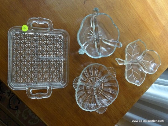 (DR) LOT OF GLASS NUT DISHES; TOTAL OF 4 PIECES, EACH HAS 2 OR 3 SECTIONED SEGMENTS FOR SERVING