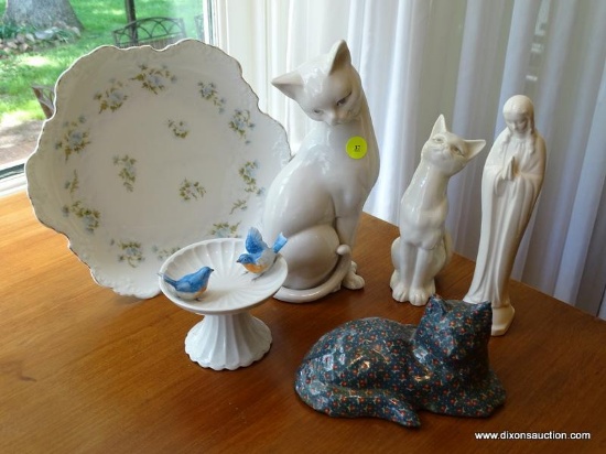 (DR) ASSORTED PORCELAIN PIECES LOT; TOTAL OF 6 PIECES, INCLUDING WHITE PORCELAIN MAMA AND BABY CATS