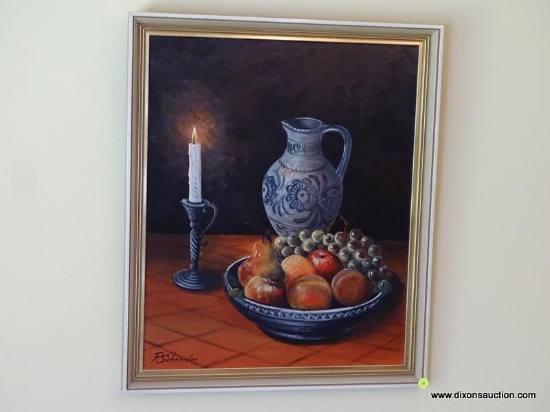 (DR) FRAMED R SCHNEIDER OIL-ON-BOARD STILL LIFE; IMAGE OF A CANDLESTICK WITH PATTERNED PITCHER AND