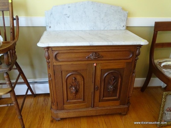 (DR) ANTIQUE MARBLE-TOP VICTORIAN WASHSTAND; WITH WHITE MARBLE BEVELED BACKSPLASH AND TOP SURFACE.