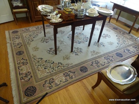 (DR) LARGE ORIENTAL AREA RUG: LIGHT PINK AND BEIGE WITH FLORAL AND MEDALLION PATTERNED CENTER AND