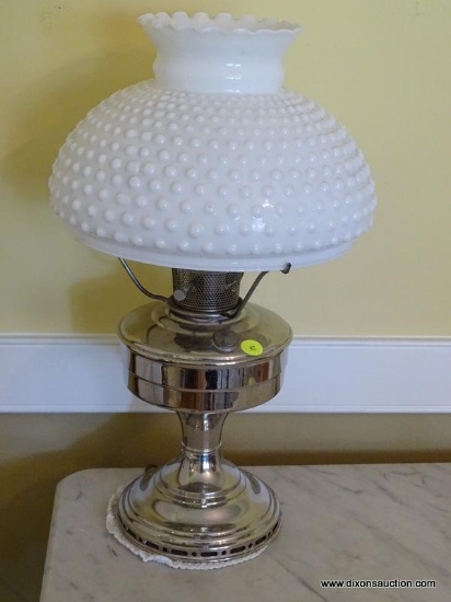 (DR) VINTAGE LAMP WITH RUFFLED AND BUTTON PATTERN MILK GLASS LAMP SHADE; RUFFLED TOP ROUND GLASS