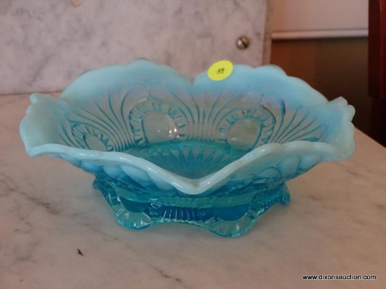 (DR) BLUE OPALESCENT MILK GLASS DISH; SCALLOPED AND RUFFLED TOP EDGE WITH FOOTED BASE (VERY SMALL