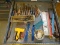 (WSHOP) DRAWER LOT OF ASSORTED ITEMS; THIS LOT INCLUDES ASSORTED WOODEN HANDLED CHISELS, SCISSORS,