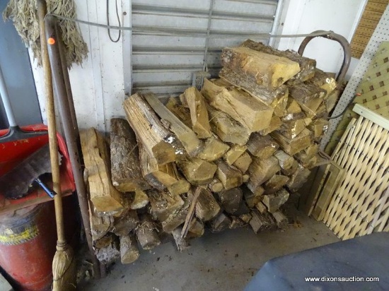 (WSHOP) WOOD AND RACK LOT; INCLUDES A LOG HOLDING RACK WITH APPROXIMATELY 50 PIECES OF WOOD. RACK