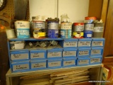 (WSHOP) 15 DRAWER ORGANIZER; IS BLUE IN COLOR AND INCLUDES CONTENTS OF DOOR STOPS, BRASS PULLS,