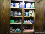 (WSHOP) CABINET LOT; INCLUDES ASSORTED PAINT SUPPLIES AND WOOD STAINS. INCLUDES PAINT THINNER,