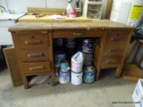 (WSHOP) VINTAGE OAK DESK; HAS 7 DRAWERS (6 ARE SIDES AND 1 IS A CENTER) ALONG WITH A LIFT-TOP