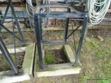 (OUT) METAL AND WOOD BARREL STAND; IS 1 OF A PAIR. GREAT FOR HOLDING A WATER BARREL, A BURNING