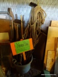 (SHED 1) TUB LOT; INCLUDES WIRE BRUSHES, A WALKING STICK, A SHOVEL, AND MORE!