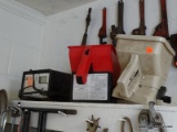 (SHOP 2) SHELF LOT; INCLUDES 2 MANUAL HAND SPREADERS AND A VINTAGE SEARS 6 AMP BATTERY CHARGER.