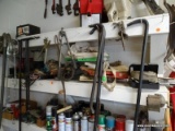 (SHOP 2) SHELF LOT; INCLUDES WIRE, 2 VINTAGE HAND POWERED SEEDERS, A WINCHING STRAP, HOBART LIGHTS,