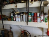 (SHOP 2) SHELF LOT; INCLUDES SEVERAL CANS OF RUSTOLEUM PAINT, SOME CANS OF DUPLI-COLOR SPRAY PAINT,