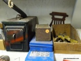 (SHOP 2) ASSORTED LOT; INCLUDES A BLACK PAINTED AMMO BOX, A NAPA NEW BRITAIN TAP AND DIE SET, TIN