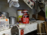 (SHOP 2) HALF SHELF LOT; INCLUDES GOLD BOND SPACKLING COMPOUND, SPARK PLUGS, MATCHES, PAINTERS