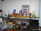 (SHOP 2) SHELF LOT; LOT INCLUDES OIL CANS, SCISSORS, PAINT CAN OPENERS, SQUARE, BRAKE AND ENGINE