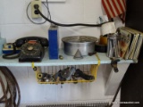 (SHOP 2) SHELF LOT; FIRST AID KITS, VINTAGE ROTARY PHONE, TIRE PRESSURE GAUGES, LICENSE PLATE