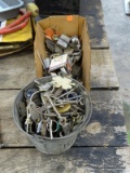 (SHOP 2) KEY AND LOCK LOT; LOT OF LOCKS WITH KEYS AND A BUCKET OF KEYS MANY BEING SKELETON KEYS