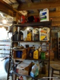 (SHED 3) ASSORTED 4 SHELF LOT; INCLUDES SAE 30 MOTOR OIL, GREEN ANTIFREEZE & COOLANT, HYDRAULIC