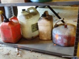 (SHED 3) BOTTOM SHELF LOT; INCLUDES A VINTAGE METAL GAS CAN, A BLITZ GAS CAN, ETC.