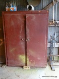 (SHED 3) 2 DOOR WOODEN CABINET; IS RED IN COLOR AND HAS 4 INTERIOR SHELVES. MEASURES 48 IN X 20 IN X