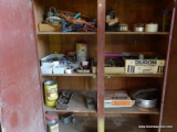 (SHED 3) CONTENTS OF CABINET; INCLUDES JUMPER CABLES, GARDENING TOOLS, BOLTS, HOOKS, AND MORE!