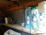 (SHED 4) SHELF LOT; INCLUDES BUCKETS, ARROWS, VINTAGE REAR VIEW MIRROR AND SIDE MIRRORS, SPRAYERS,