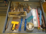 (WSHOP) DRAWER LOT OF ASSORTED ITEMS; THIS LOT INCLUDES ASSORTED WOODEN HANDLED CHISELS, SCISSORS,