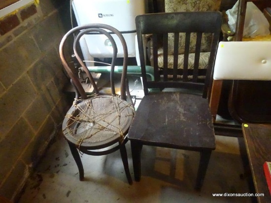 (BAS) CHAIRS; 2 VINTAGE CHAIRS- MAHOGANY SIDE CHAIR- 17 IN X 17 IN X 36 IN AND A BENTWOOD OAK CHAIR
