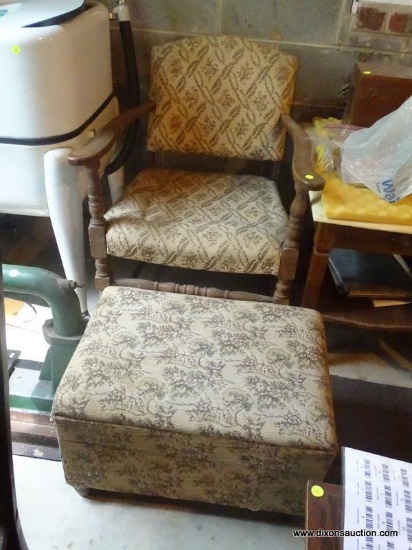 (BAS) CHAIR AND OTTOMAN; VINTAGE MAHOGANY TURNED LEG ARMCHAIR WITH OTTOMAN IN FLORAL TAPESTRY