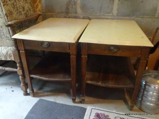 (BAS) PAIR OF TABLES; PAIR OF MAPLE MARBLE TOP END TABLES WITH FAUX DRAWER AND LOWER SHELF- 20 IN X