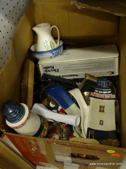 MYSTERY BOX LOT; INCLUDES ITEMS SUCH AS ASSORTED SPOON RESTS, LIGHTHOUSE THEMED ITEMS, MILK GLASS