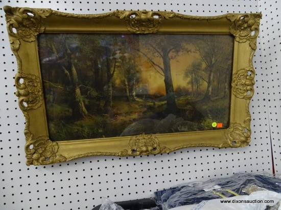 (WALL) ANTIQUE PRINT ON BOARD FRAMED IMAGE; LANDSCAPE ORIENTED IMAGE OF A FOREST LINE AND A WOODED