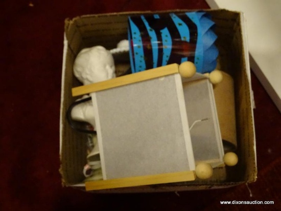 MYSTERY BOX LOT; INCLUDES A WINNIE THE POOH LAMP, A MILK GLASS LAMP, A PLANETARY LAMP SHADE, A BUST