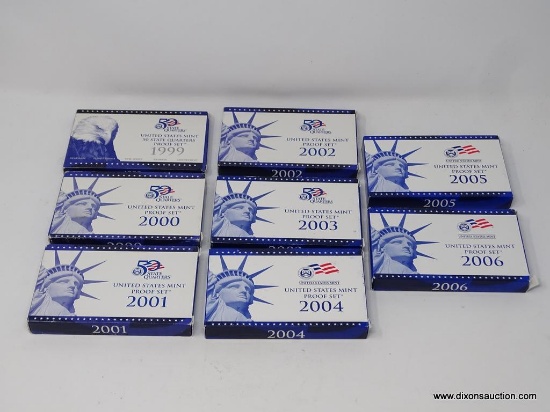 LOT OF 8 MINT PROOF SETS TO INCLUDE: 1999 STATE QUARTER PROOF SET, 2000,
