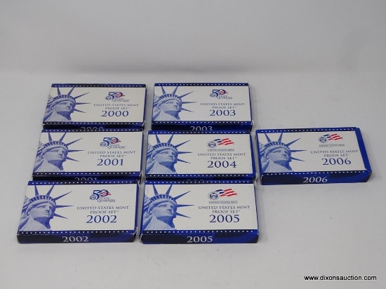 LOT OF 7 MINT PROOF SETS TO INCLUDE: 2000, 2001,2002,2003,2004,5005,2006 UNITED STATE MINT PROOF