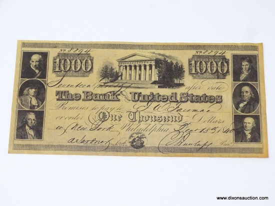 DECEMBER 15, 1840 THE BANK OF THE UNITED STATES $1,000 NOTE PHILADELPHIA #8894
