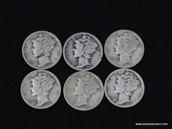 60 CENTS FACE VALUE MERCURY DIMES; (2) 1942, (2) 1941, 1943, 1944