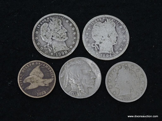 MISC. COIN LOT TO INCLUDE: 1894 LIBERTY HEAD QUARTER, 1898 LIBERTY HEAD QUARTER, 1911 V-NICKEL, 1858