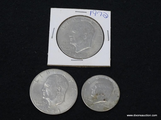 MISC. COIN LOT TO INCLUDE: 1971 EISENHOWER DOLLAR, 1972 EISENHOWER DOLLAR, 1971 KENNEDY HALF