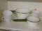 VINTAGE KITCHEN LOT; 6 PIECE LOT TO INCLUDE 4 WHITE CORNING TEA CUPS AND TWO SMALL WHITE AND GREEN