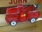 VINTAGE METAL TRUCK PLANT HOLDER; RED METAL TRUCK SHAPED HOLDER FOR TWO POTTED PLANTS. THIS TRUCK